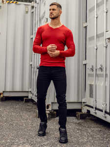 Czerwony sweter męski w serek Denley YY03