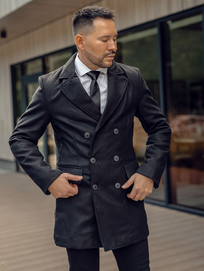 Czarny długi dwurzędowy płaszcz męski zimowy Denley 79B3A-073