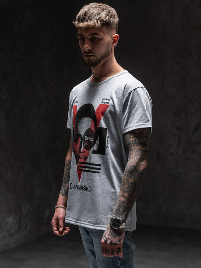 Szary T-shirt męski z nadrukiem Denley KS2552