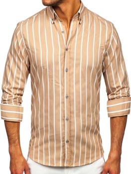 Beżowa koszula męska w paski z długim rękawem Bolf 20730