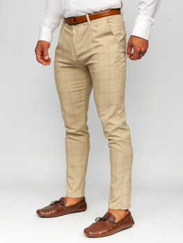 Beżowe spodnie materiałowe chinosy w kratę męskie Denley 0036
