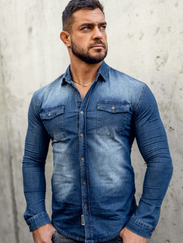 Błękitna koszula męska jeansowa z długim rękawem Denley MC7051BC