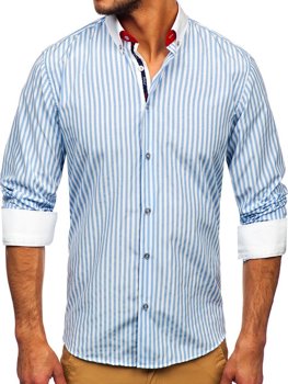 Błękitna koszula męska w paski z długim rękawem Bolf 20727