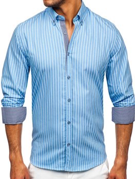Błękitna koszula męska w paski z długim rękawem Bolf 20731