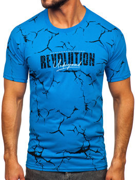 Błękitny bawełniany t-shirt męski z nadrukiem Denley 14717