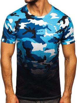 Błękitny t-shirt męski z nadrukiem moro Denley S808