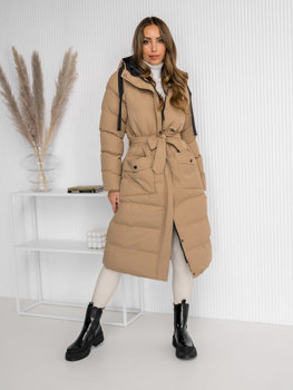 Camelowa długa pikowana kurtka płaszcz damska zimowa z kapturem Denley 5M3178