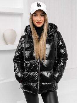 Czarna pikowana kurtka damska zimowa z kapturem Denley 5M3172