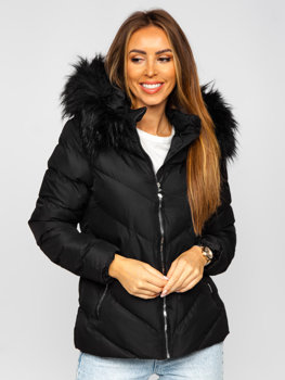 Czarna pikowana kurtka damska zimowa z kapturem Denley 5M727