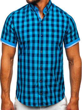 Czarno-niebieska koszula męska w kratę z krótkim rękawem Bolf 4508