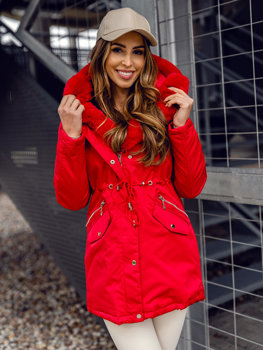 Czerwona kurtka damska zimowa parka z kapturem Denley 5M762