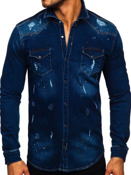 Granatowa koszula męska jeansowa z długim rękawem Denley R801
