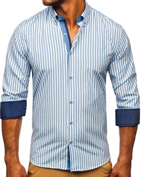 Granatowa koszula męska w paski z długim rękawem Bolf 20704