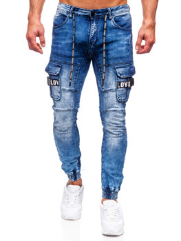 Granatowe jeansowe joggery bojówki spodnie męskie slim fit Denley E9639