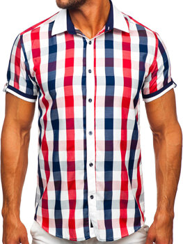 Koszula męska elegancka w kratę z krótkim rękawem czerwona Bolf 8901