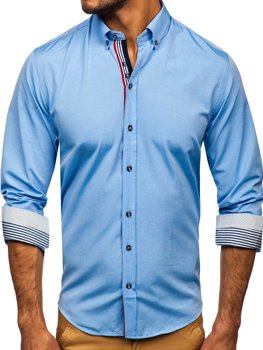 Koszula męska we wzory z długim rękawem błękitna Bolf 8843