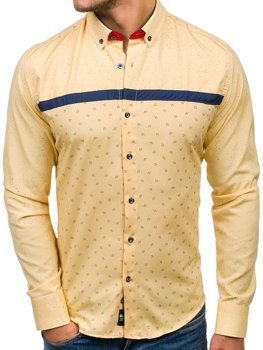 Koszula męska we wzory z długim rękawem żółta Bolf 6903