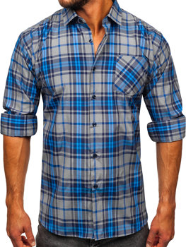 Niebieska koszula męska w kratę z długim rękawem Denley TDT6