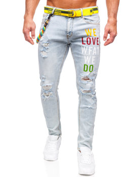 Niebieskie spodnie jeansowe męskie slim fit z paskiem Denley KX1151