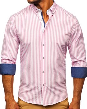Różowa koszula męska w paski z długim rękawem Bolf 20704