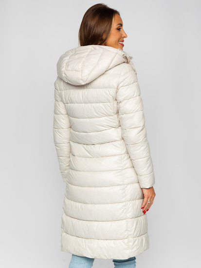 Beżowa długa pikowana kurtka płaszcz damska zimowa z kapturem Denley MB0276