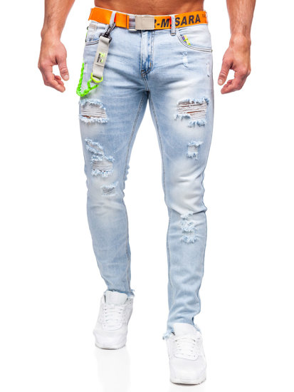 Błękitne spodnie jeansowe męskie slim fit z paskiem Denley KX933