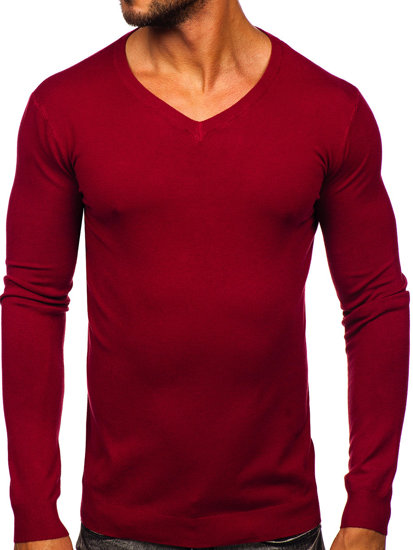 Bordowy sweter męski w serek Denley MMB601