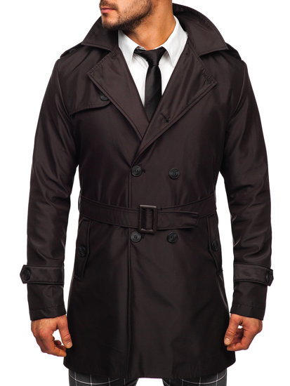 Ciemnobrązowy dwurzędowy płaszcz męski prochowiec z wysokim kołnierzem i paskiem Denley 0001
