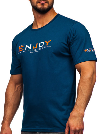 Ciemnoniebieski bawełniany t-shirt męski z nadrukiem Denley 14739