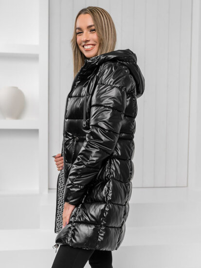 Czarna długa dwustronna pikowana kurtka płaszcz damska zimowa z kapturem Denley B8070