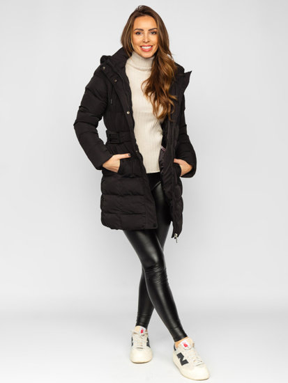 Czarna długa pikowana kurtka płaszcz damska zimowa z kapturem Denley 7086