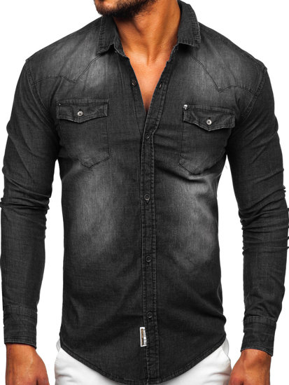 Czarna koszula męska jeansowa z długim rękawem Denley MC704N