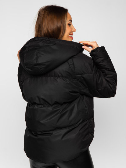 Czarna pikowana kurtka damska zimowa z kapturem Denley 5M3113