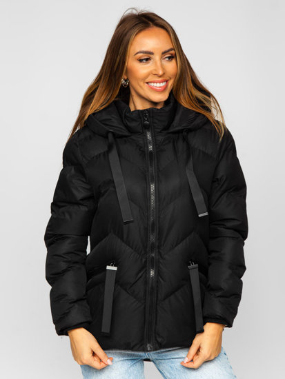 Czarna pikowana kurtka damska zimowa z kapturem Denley 5M739