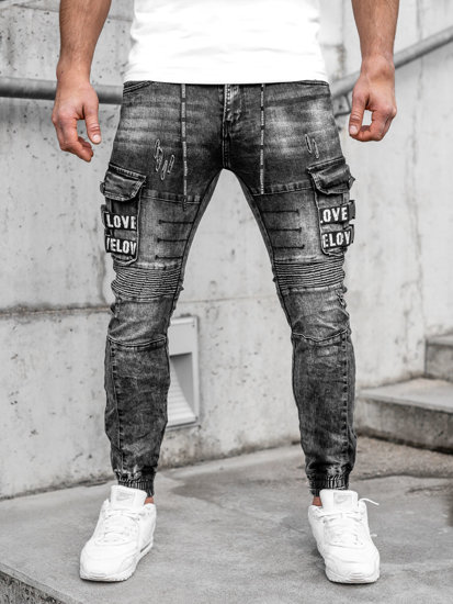 Czarne jeansowe joggery bojówki spodnie męskie slim fit Denley E9656