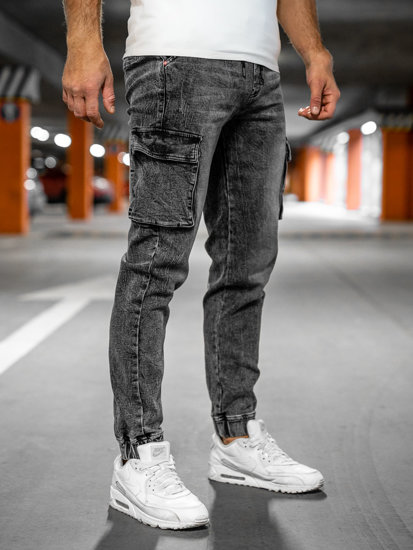 Czarne spodnie jeansowe joggery bojówki męskie Denley HY1028