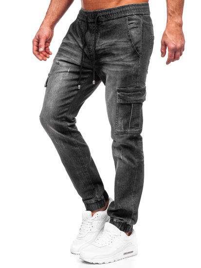 Czarne spodnie jeansowe joggery bojówki męskie Denley MP0130N