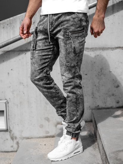 Czarne spodnie jeansowe joggery męskie Denley T354