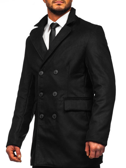 Czarny długi dwurzędowy płaszcz męski zimowy Denley 79B3-073