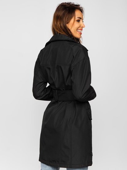 Czarny długi płaszcz damski prochowiec z paskiem Denley AG5012