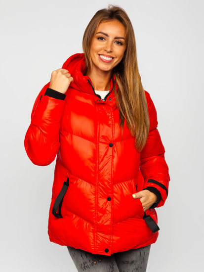 Czerwona pikowana kurtka damska zimowa z kapturem Denley 23065