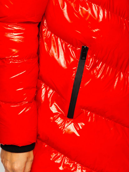 Czerwona pikowana kurtka damska zimowa z kapturem Denley 23069