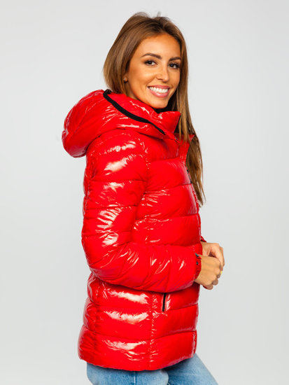 Czerwona pikowana kurtka damska zimowa z kapturem Denley B9583