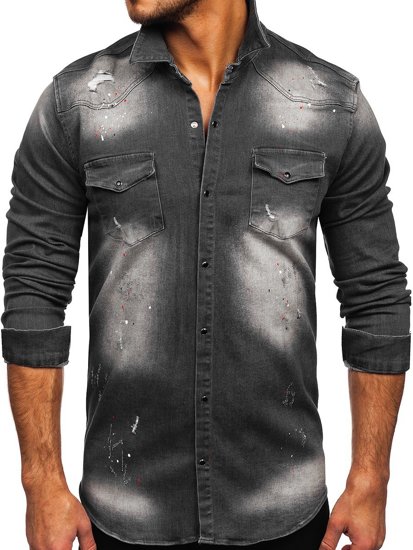 Grafitowa koszula męska jeansowa z długim rękawem Denley R710