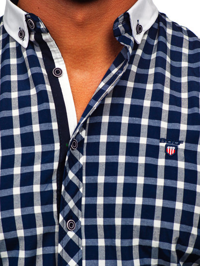 Granatowa koszula męska elegancka w kratę z długim rękawem Bolf 5737-1