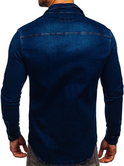 Granatowa koszula męska jeansowa z długim rękawem Denley R702