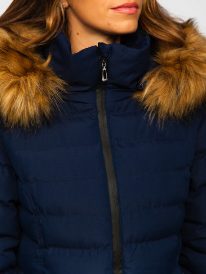 Granatowa pikowana kurtka damska zimowa z kapturem Denley 5M768