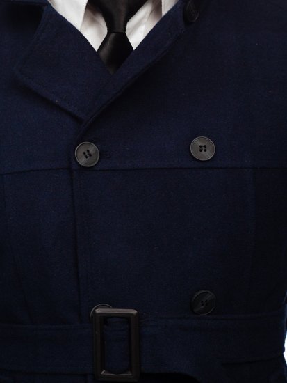 Granatowy płaszcz dwurzędowy z paskiem męski zimowy z wysokim kołnierzem Denley 0009