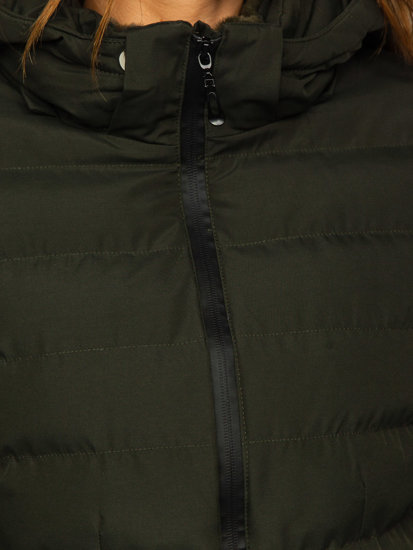 Khaki pikowana kurtka damska zimowa z kapturem Denley 5M769