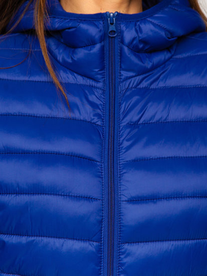 Kobaltowa pikowana kurtka damska przejściowa z kapturem Denley 20313